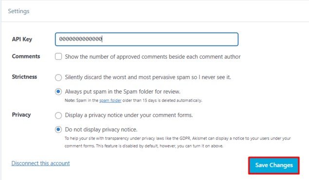 Akismet Anti Spam Plugin Settings